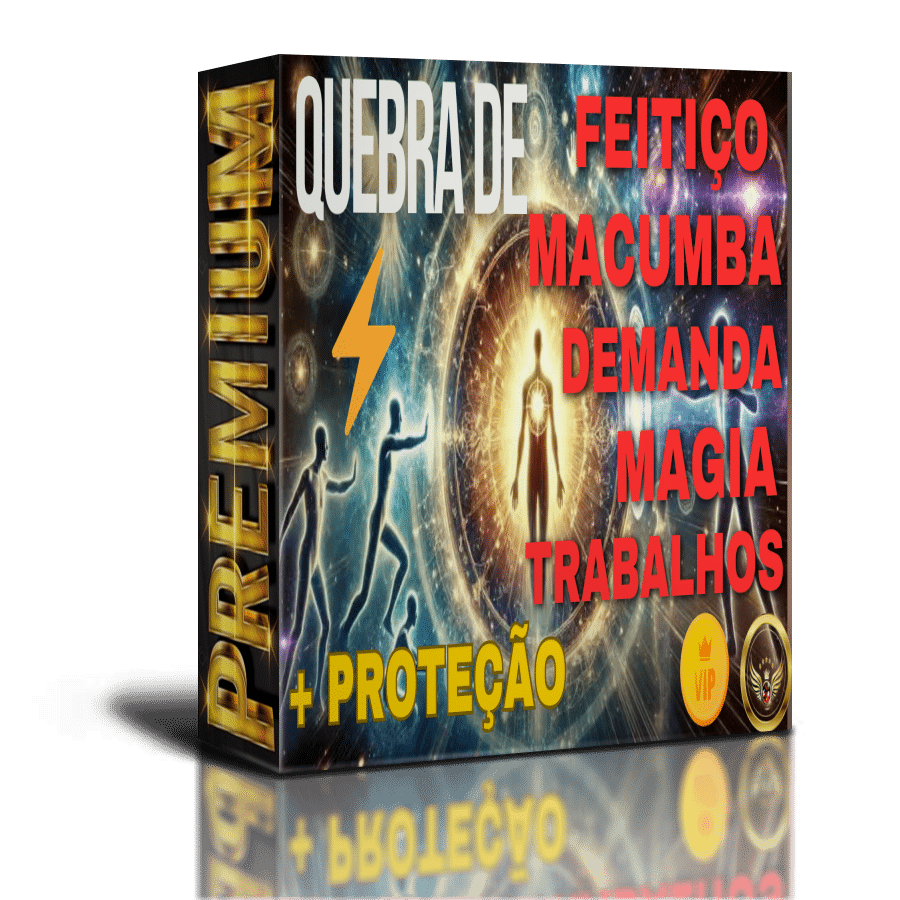 Caixa com texto sobre quebra de feitiço e proteção em fundo colorido e cósmico.